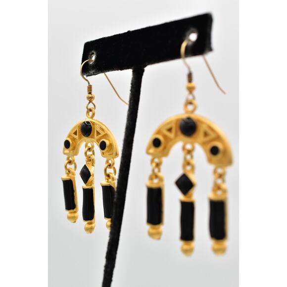 Vintage Dangle Earrings Brushed Gold Black Enamel Heavy Chunky NOS 1980s BinZ - Picture 3 of 12